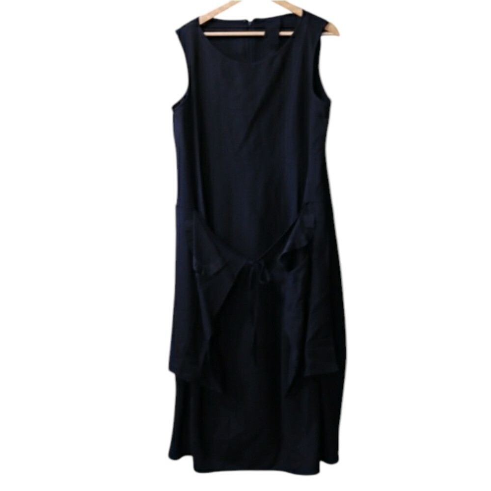 Vintage Black Dress With Tie Pockets Ruffled Front Pockets Midi-Length Large